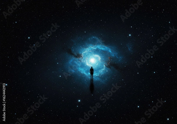 Fototapeta Lone Silhouette Standing in Vast Dark Cosmic Void with Faint Stars and Blue Nebula