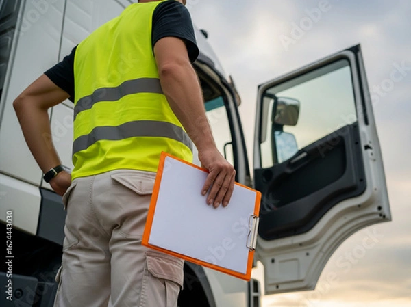 Obraz A logistics worker checks delivery documents while standing near a truck, wearing a reflective vest for safety in the field.