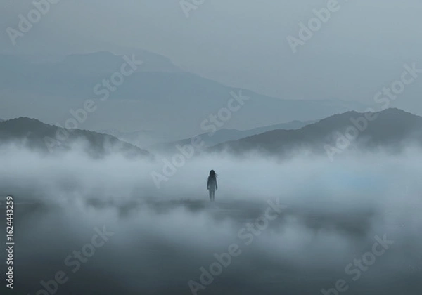 Fototapeta Surreal Minimal Landscape with Solitary Traveler in Fog and Subtle Blue Highlights