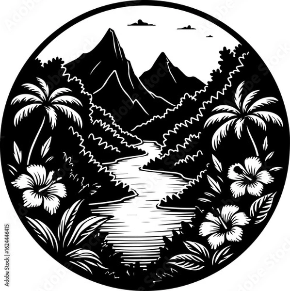 Fototapeta Tropical Mountain Landscape with River and Palm Trees"