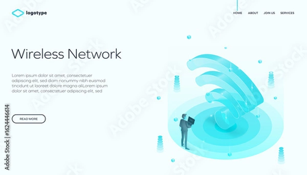 Fototapeta Modern isometric illustration of a wireless network signal with abstract 3D elements, suitable for technology websites, apps, and promotional materials. Vector illustration.