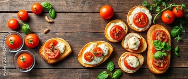 Fototapeta Assortment of Italian appetizers on rustic wood, overhead,  copy space,  food photography
