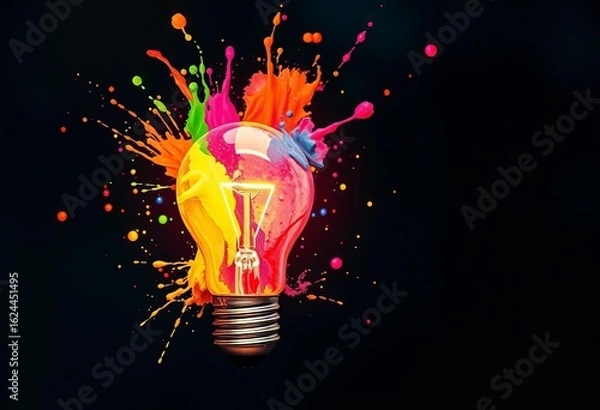 Fototapeta A vibrant light bulb bursts with colorful paint splashes, symbolizing creative problem-solving,  mental image,  splash