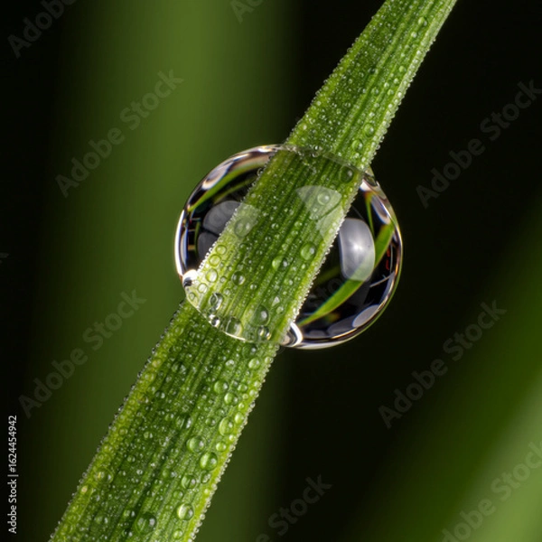 Fototapeta Dewdrop Lens: Microscopic World Revealed on Grass Blade, Isolated on White.