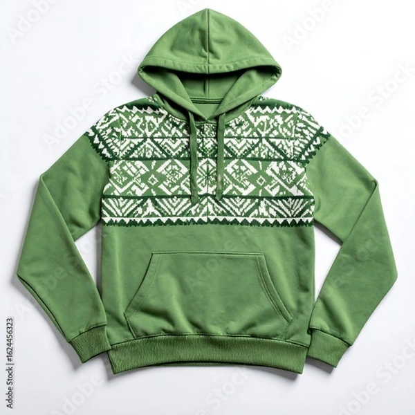 Fototapeta Green hooded sweatshirt with geometric pattern across chest