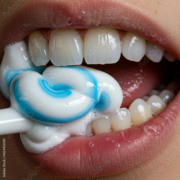 Fototapeta Dynamic Toothpaste Macro: A Fresh, Clean Mouth in Motion. High Detail 8k.