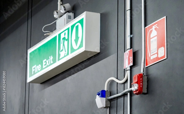 Obraz Green fire exit sign, emergency light, fire extinguisher symbol sign and red alarm siren with flashing strobe light mounted on the wall. Fire alarm system and evacuation guiding equipment in building.