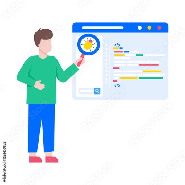 Fototapeta A flat style illustration showing a person debugging