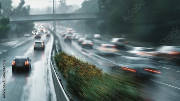 Fototapeta The rainy highway traffic with blurred motion and wet asphalt road.