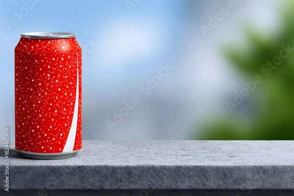 Fototapeta Red soda can with white speckles on textured surface blurred background beverage