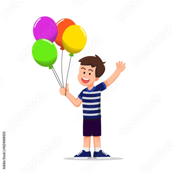 Fototapeta A cheerful vector illustration of a young child holding a balloon, smiling brightly, and waving hello