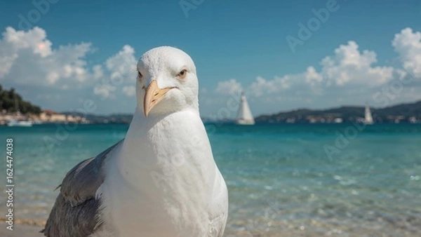 Fototapeta Under the soft glow of a May sun, a seagull stands by the seaside