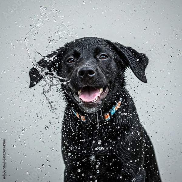 Fototapeta Joyful Labrador Puppy Shaking Water in Photorealistic Portrait on White.