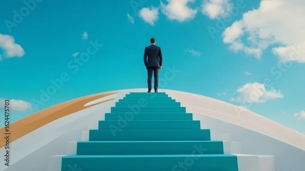 Obraz Back View Businessman standing on top of stairs looking at blue sky, concept of success