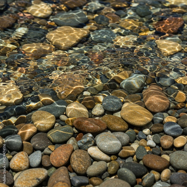 Fototapeta Macro River Pebbles: Shallow Water Gliding Over Multi-Colored Stones in 8K Detail.