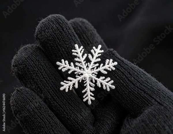 Fototapeta Macro image of a single detailed snowflake on a dark wool glove. Crystalline structure clearly visible, cold natural lighting. Clean dark background.