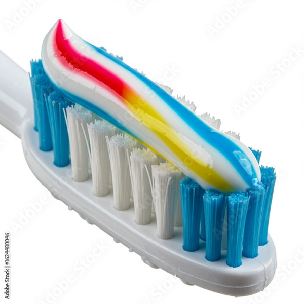 Fototapeta Photorealistic Macro: Toothbrush Bristles with Colorful Toothpaste Stripe, Detail Focus.