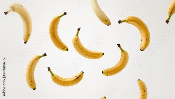 Obraz Juicy baby bananas drifting in the air on a plain white background, conveying levitation of fruits in a sharp, high-quality photograph