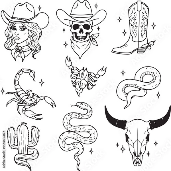 Obraz Western Tattoo Flash Sheet Featuring Cowboy Boot, Skull, Scorpion, Snake, Cactus, Woman in Cowboy Hat, and Bull Skull
