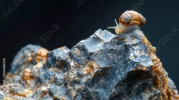 Fototapeta Snail on a Rock Against a Dark Background
