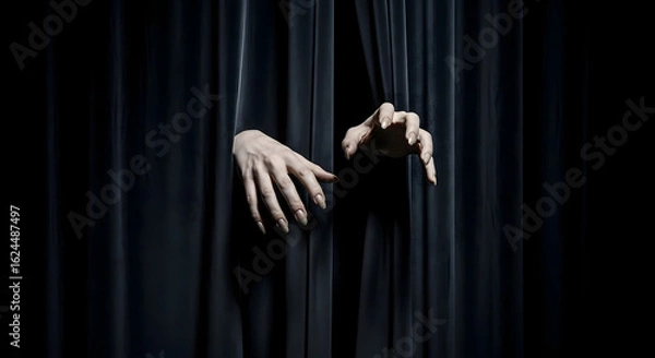 Obraz Eerie emergence, shadowy presence, hands from beyond, reaching out from the darkness, chilling