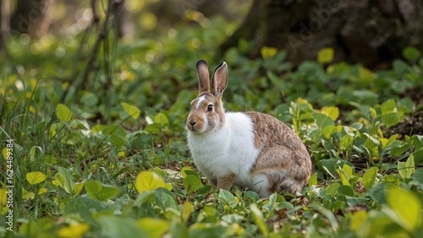 Fototapeta A Snowshoe Hare (Lepus americanus) poses for a portrait near a tranquil lake in a provincial park