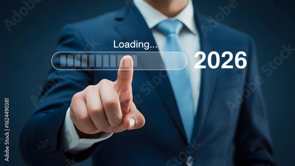 Fototapeta Businessman initiates future progress by touching loading bar towards 2026 goals