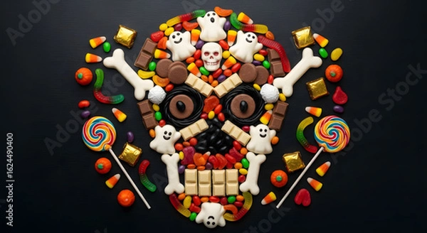 Obraz Sweetly sinister: A Halloween skull composed of colorful candies and whimsical treats