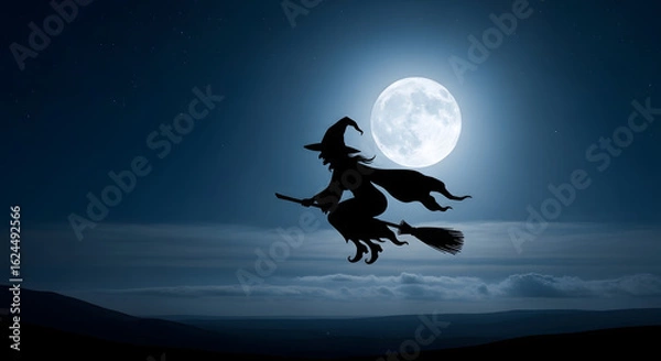 Obraz Silhouette of a witch flying on a broomstick against the backdrop of a full moon in a surreal