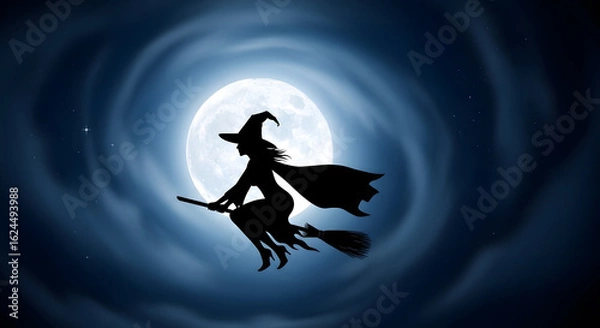 Obraz Silhouette of a witch flying on a broomstick against a backdrop of a radiant full moon