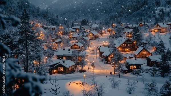 Obraz Snowy village at night with glowing lights and hills