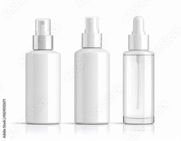 Fototapeta Three White Cosmetic Bottles Mockups With Sprayers And Dropper on White Background
