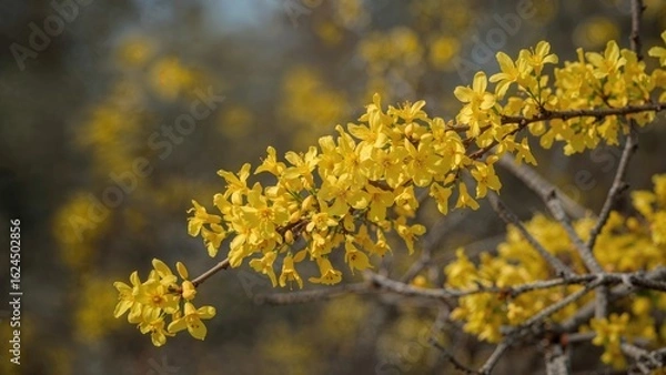 Obraz Yellow Forsythia shrub adorned with fresh blossoms against a gently blurred background