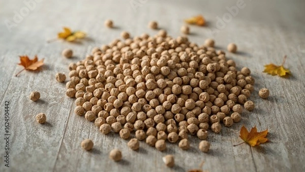 Fototapeta Biomass briquettes and pressed wooden pellets containing leaves