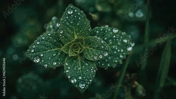 Fototapeta Macro shot capturing a plant embellished with early morning dew, showcasing the intricate patterns of its leaves.