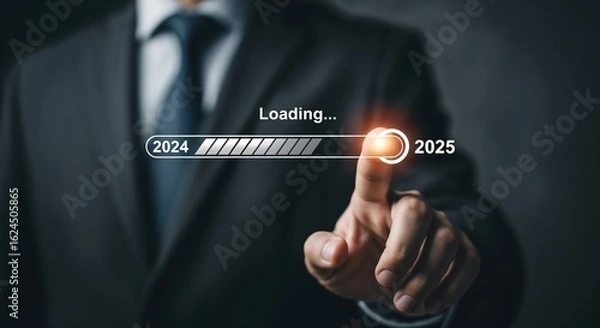 Fototapeta Businessman touching to downloading bar to change 2024 to 2025 year for change and preparation new business year concept. 
