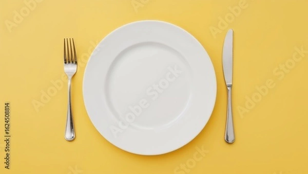 Fototapeta Cutlery consisting of a knife and fork placed near a white dish on a yellow background.