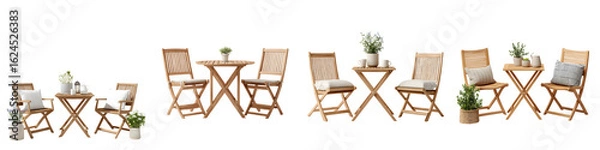 Fototapeta Outdoor Wooden Table and Chair Sets with Decor, Isolated on White