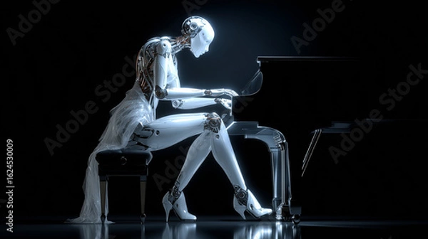 Fototapeta A humanoid robot with a sleek, metallic design is seated and playing the piano in a dark setting.