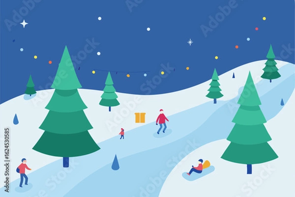 Fototapeta snowy park scenery with children sledding down a .eps