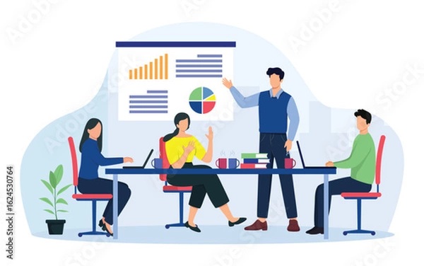 Obraz Business meeting, team seminar and team work concept. A group of diverse people leading a discussion at a table near a whiteboard with charts and graphs. Vector illustration,