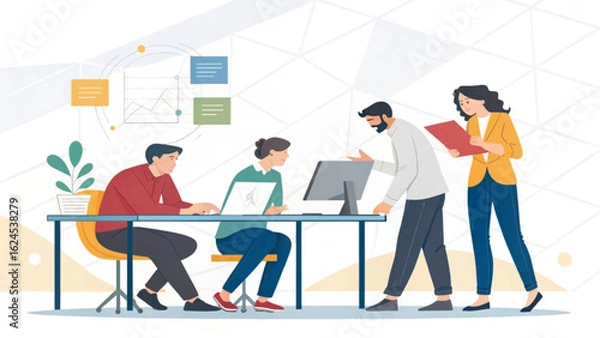 Fototapeta Collaborative Teamwork: Diverse team working together on a project, perfect for landing pages and presentations.