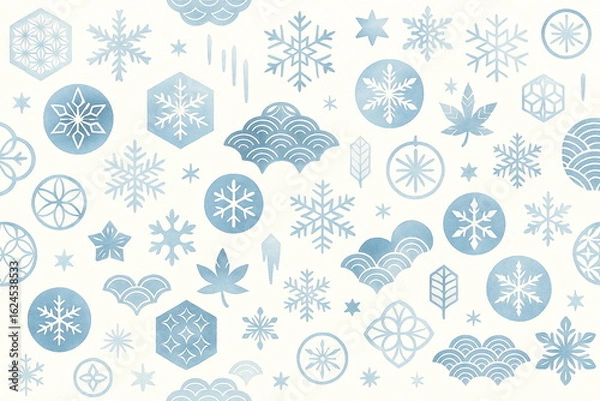 Obraz 冬の和柄・雪の結晶と青海波のパターンーやわらかなブルーで雪の結晶や青海波を散りばめた冬の和風背景。手拭い・ハンカチ・ミニタオル、温泉・旅館の販促、デザインペーパーや包装紙、マスキングシールシールに最適。ふくさ、箸、湯呑み、マグカップ、皿、キッチンクロス、キッチン雑貨にも。