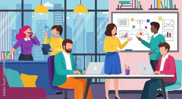 Fototapeta Diverse business team collaborating in a modern office, perfect for website banners or marketing materials.