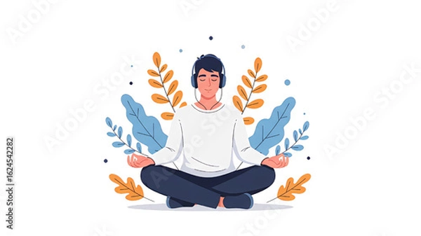 Fototapeta Young man in headphones meditates in a lotus pose surrounded by nature for wellness
