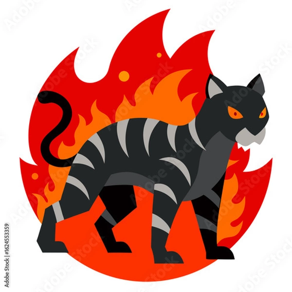 Fototapeta Magma-veined ancient predator with red foliage and blazing stripe-filled backdrop