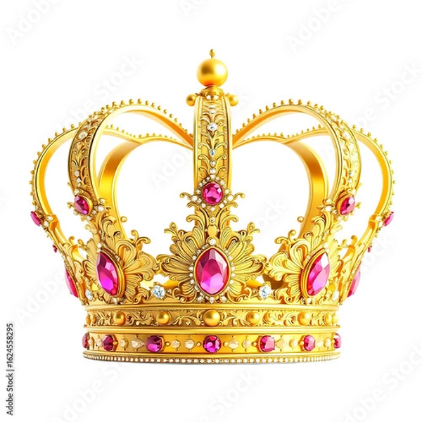Obraz Ornate golden royal crown adorned with precious pink gemstones and intricate details isolated on transparent background