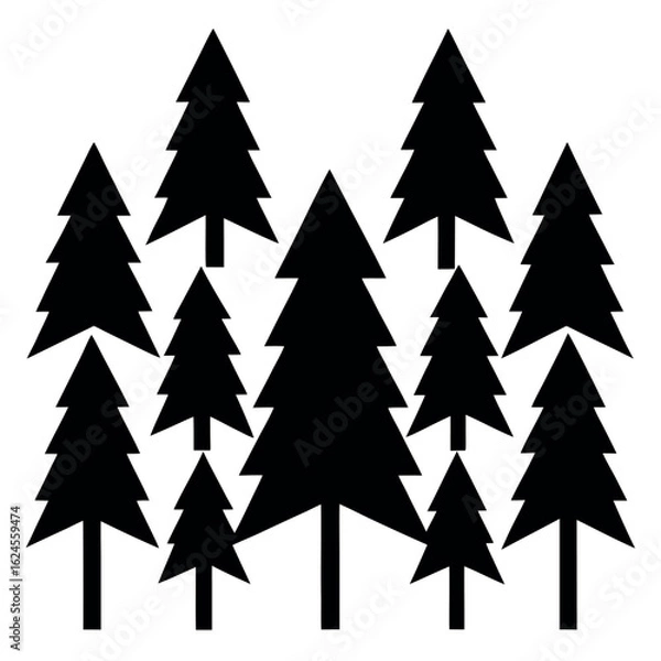 Obraz Group of 9 stylized geometric pine tree silhouettes isolated on white background