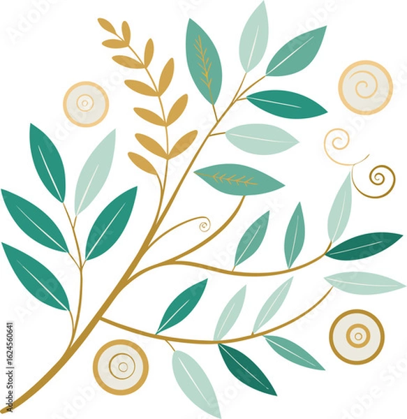 Fototapeta Pale beige and sage leaf branches in alternating arrangements, highlighted with metallic gold spirals and dotted embellishments.