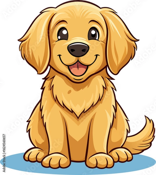 Fototapeta Smiling Golden Retriever puppy with floppy ears and shiny fur sitting obediently, soft shadows and detailed fur strokes. Clean vector design for children's products.